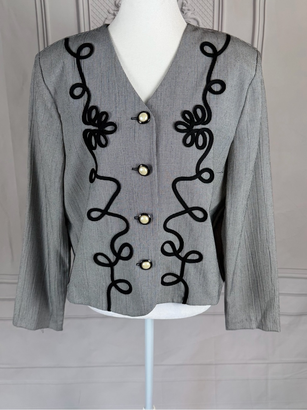 Miss Dorby 14 Black White Houndstooth Blazer Soutache Trim Pearl Buttons Vintage
